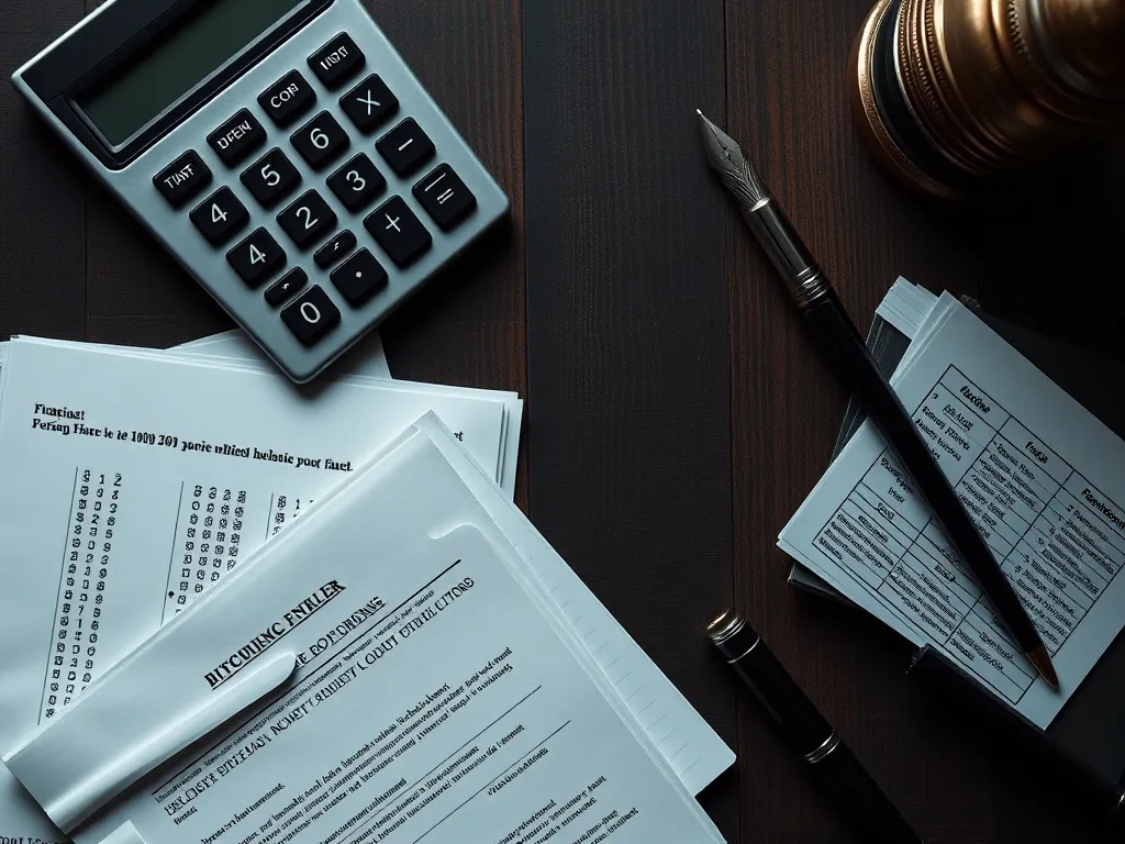 A technical top-down view of a calculator, financial ledgers