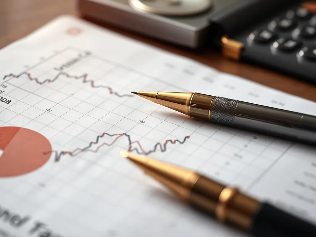 Close up of a financial document with technical graphs and a