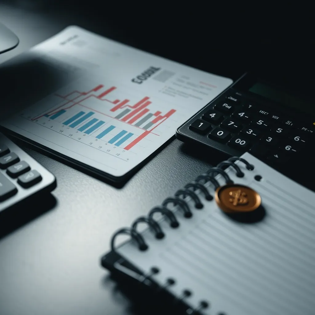 A professional office desk with a calculator, notebook with
